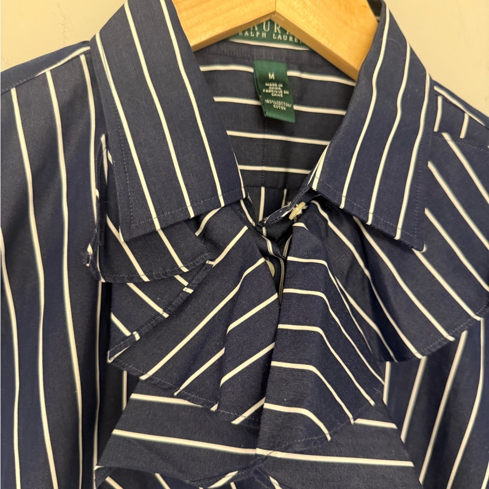 Ralph Lauren Navy Blue and White Striped Ruffle Button-Down Shirt size m - Picture 3 of 4